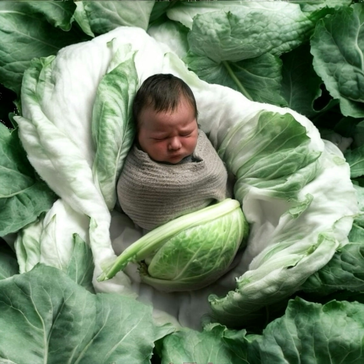 A baby wrapped in a blanket is sleeping in a bed of lettuce