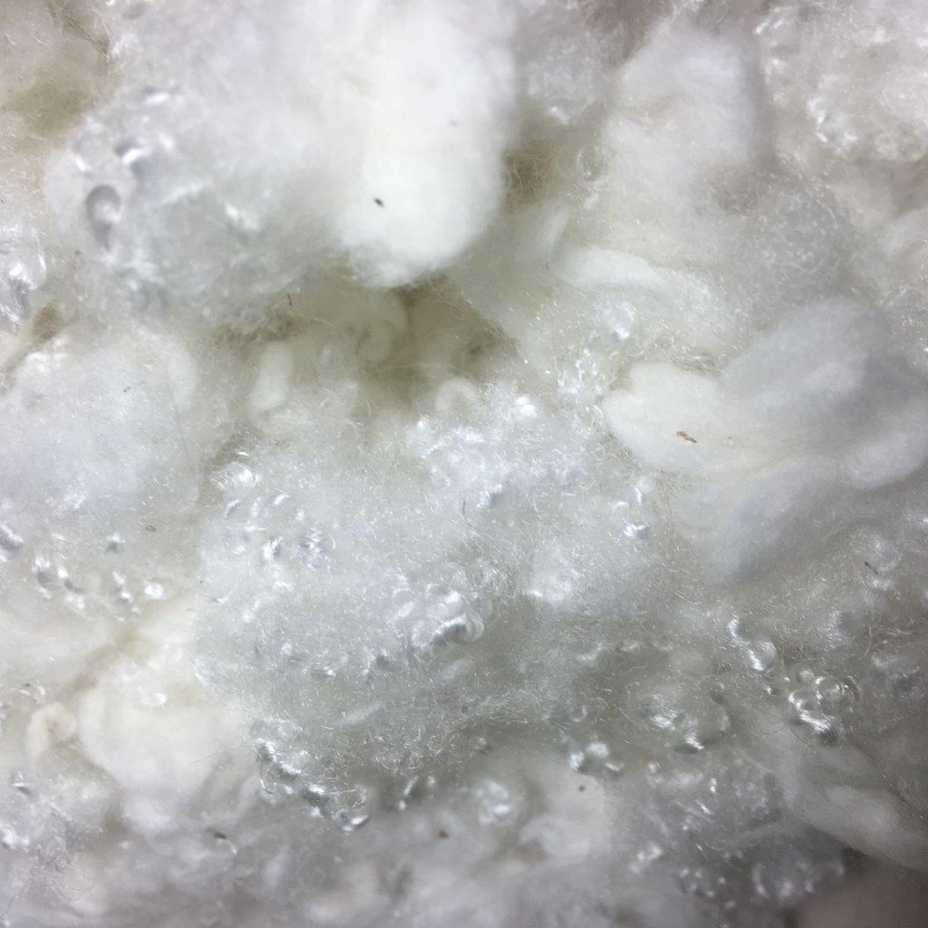 Füllwatte aus 80% Bio-Baumwolle kbA und 20% recyceltem Polyester – Nahaufnahme der Faserstruktur, PAT & PATTY