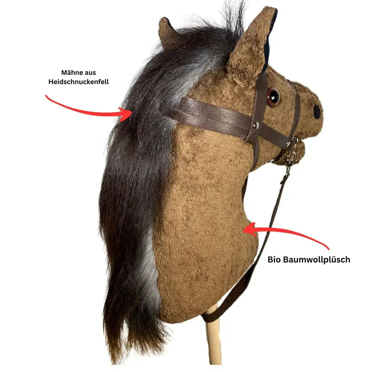 Bio-Steckenpferd Abraxas mit Gebiss und echter Mähne – handgemachtes, nachhaltiges Reitspielzeug für Kinder von PAT & PATTY