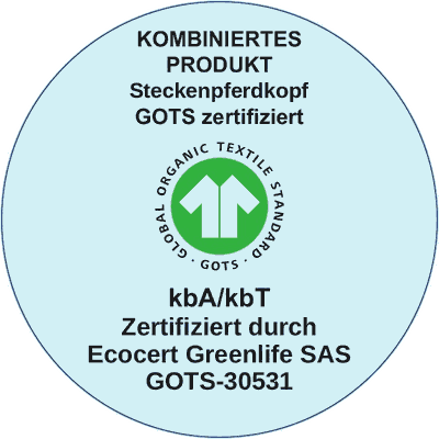 GOTS-Kennzeichnung kombiniertes Produkt Steckenpferdkopf – GOTS-zertifiziert, kbA/kbT, zertifiziert durch Ecocert Greenlife SAS, GOTS-30531