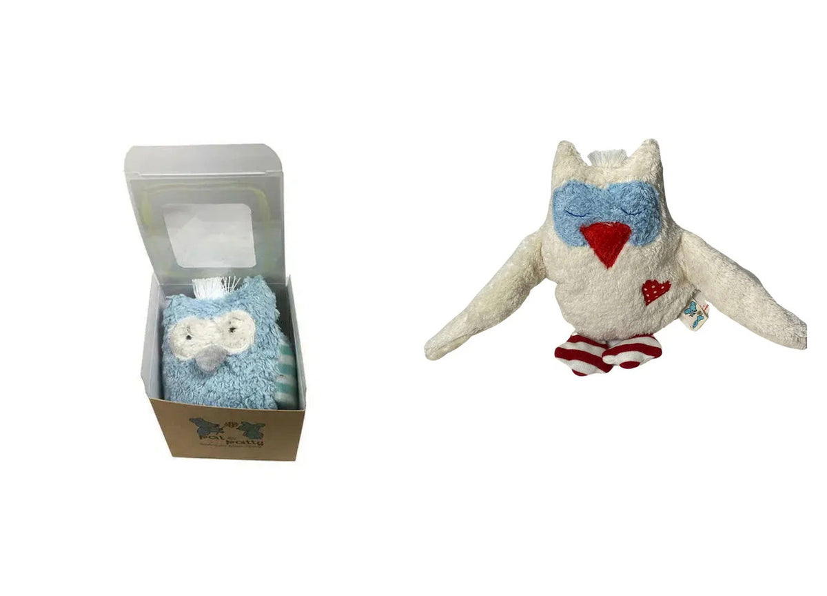 Geschenkset Eule hellblau – Bio Schmusetuch und Bio Rassel im Set, GOTS-zertifiziert, handgefertigt von PAT & PATTY