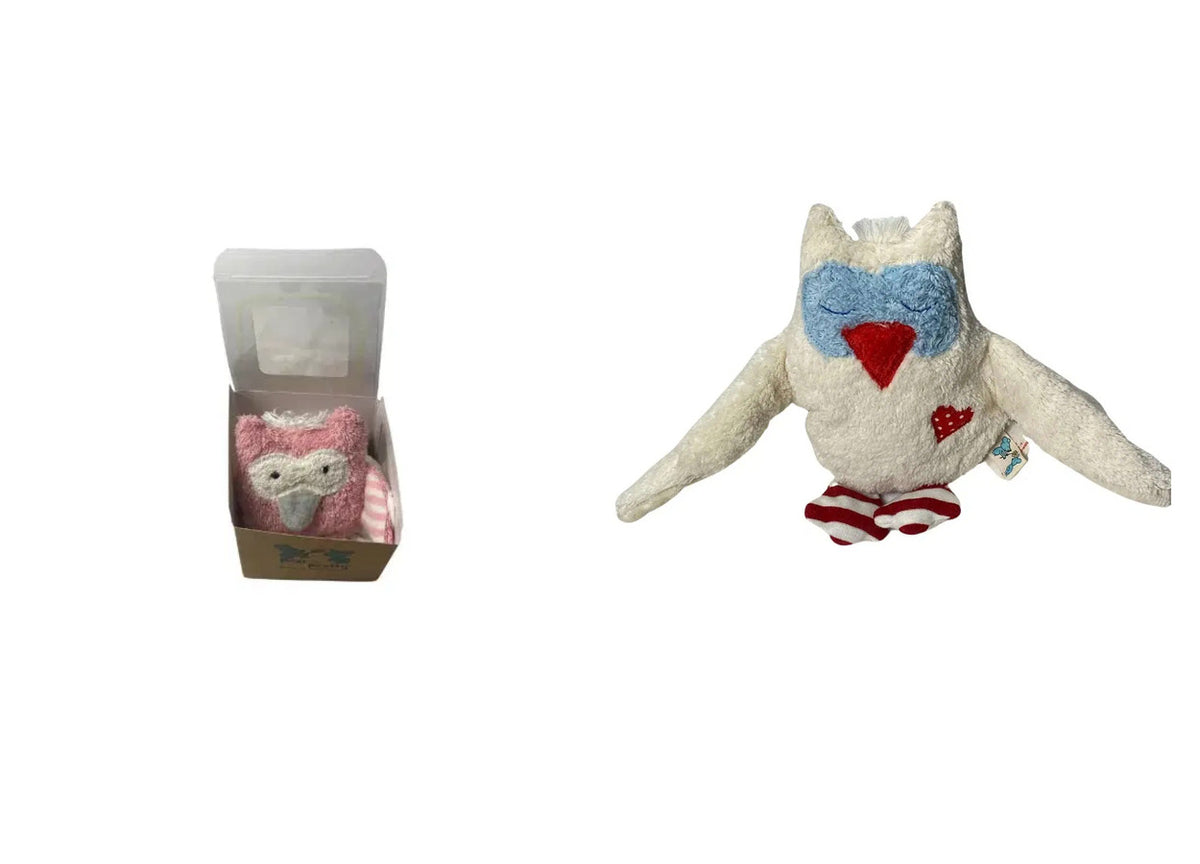 Geschenkset Eule rosa – Bio Schmusetuch und Bio Rassel im Set, GOTS-zertifiziert, handgefertigt von PAT & PATTY