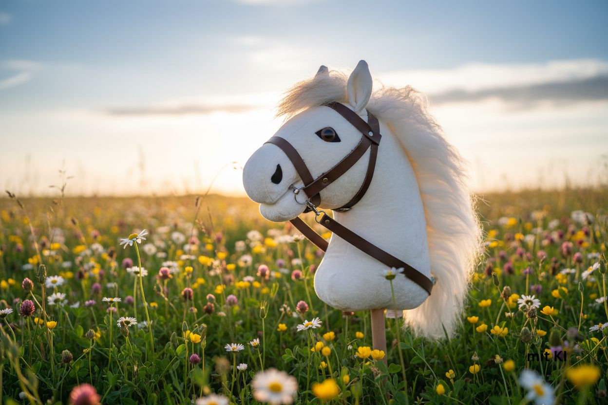 bio hobby horse naturweiss auf Blumenwiese