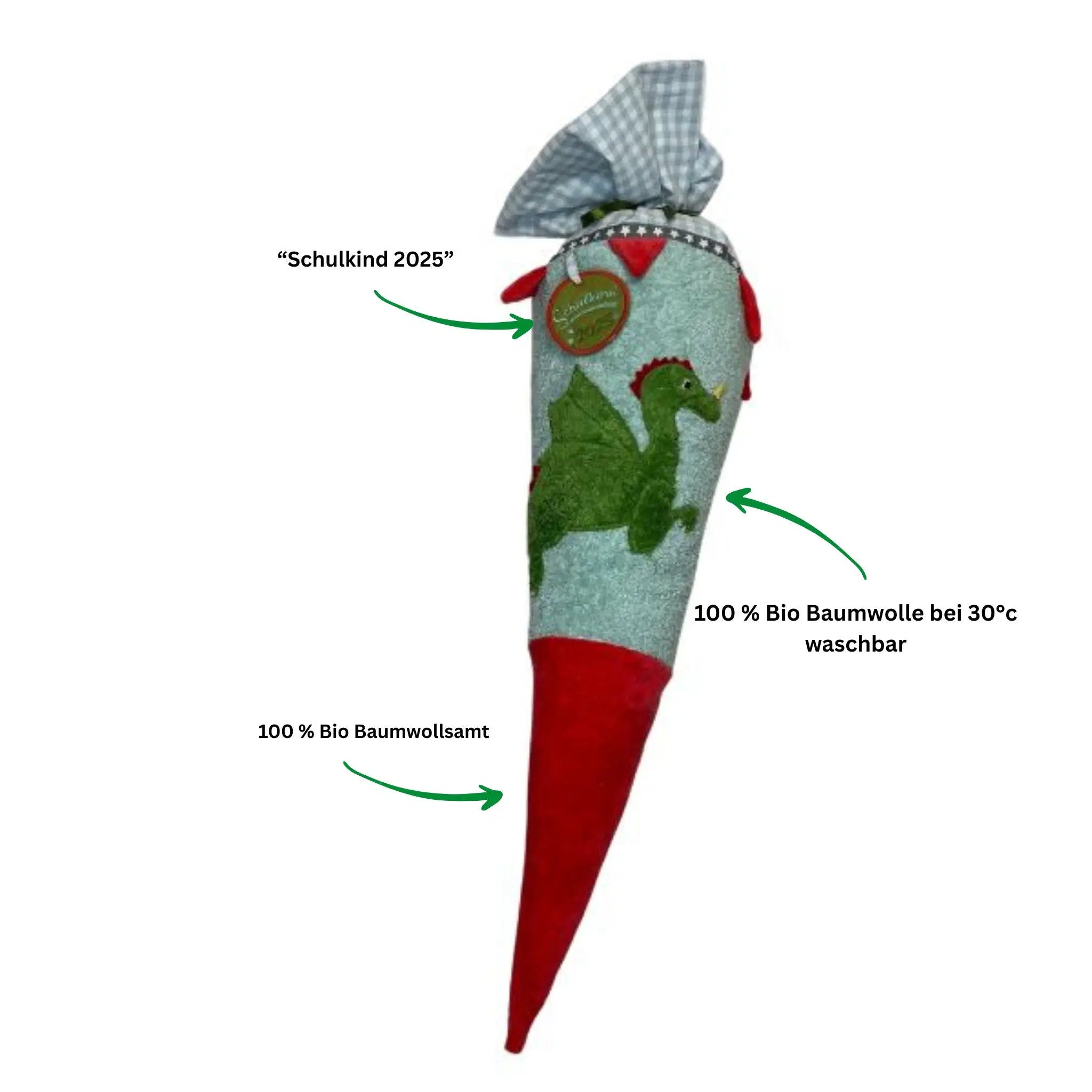 Schultüte aus Stoff mit Drache-Applikation – handgemachtes Einschulungsgeschenk von PAT & PATT