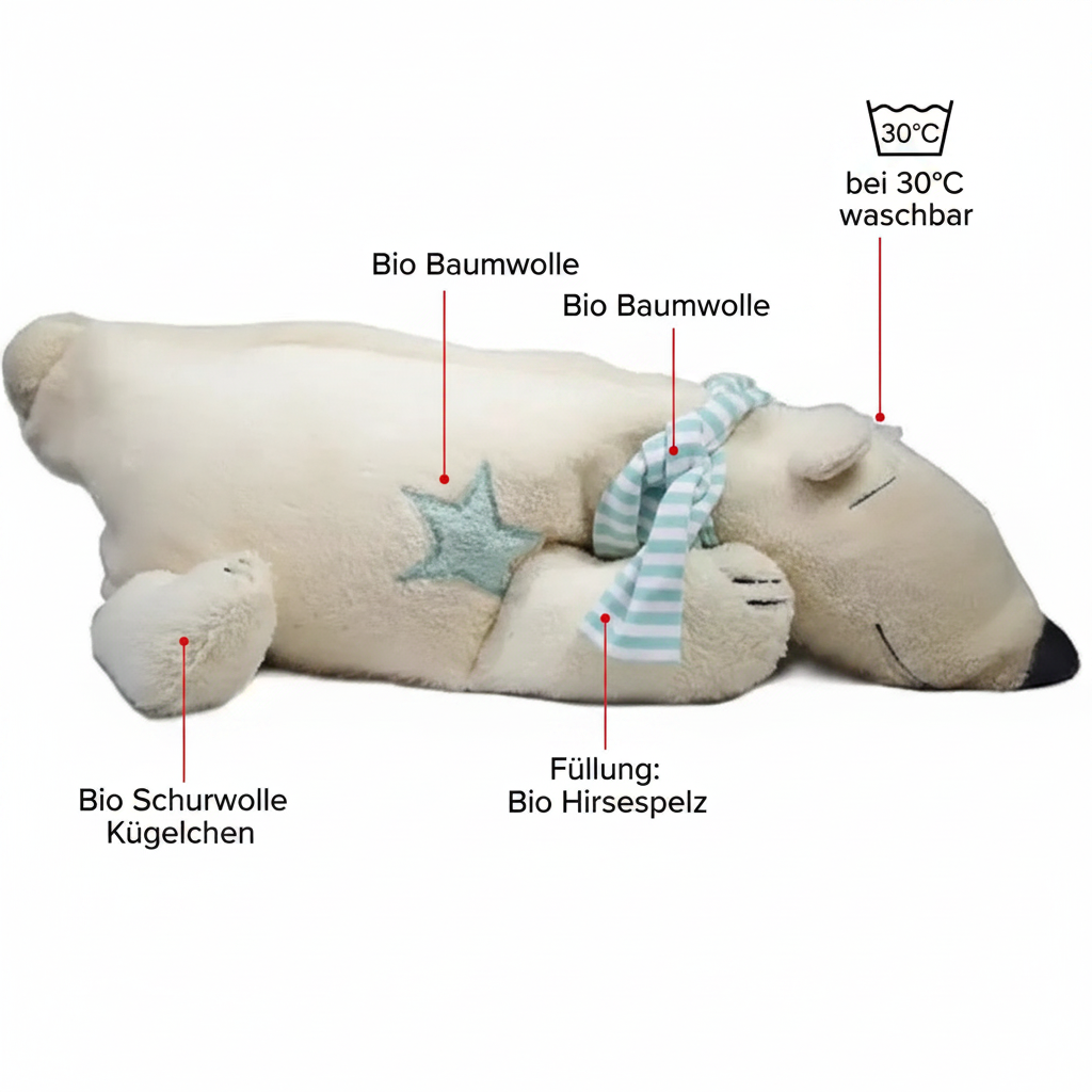 Bio Kuschelkissen Eisbär – Amazon Style mit roten Pfeilen