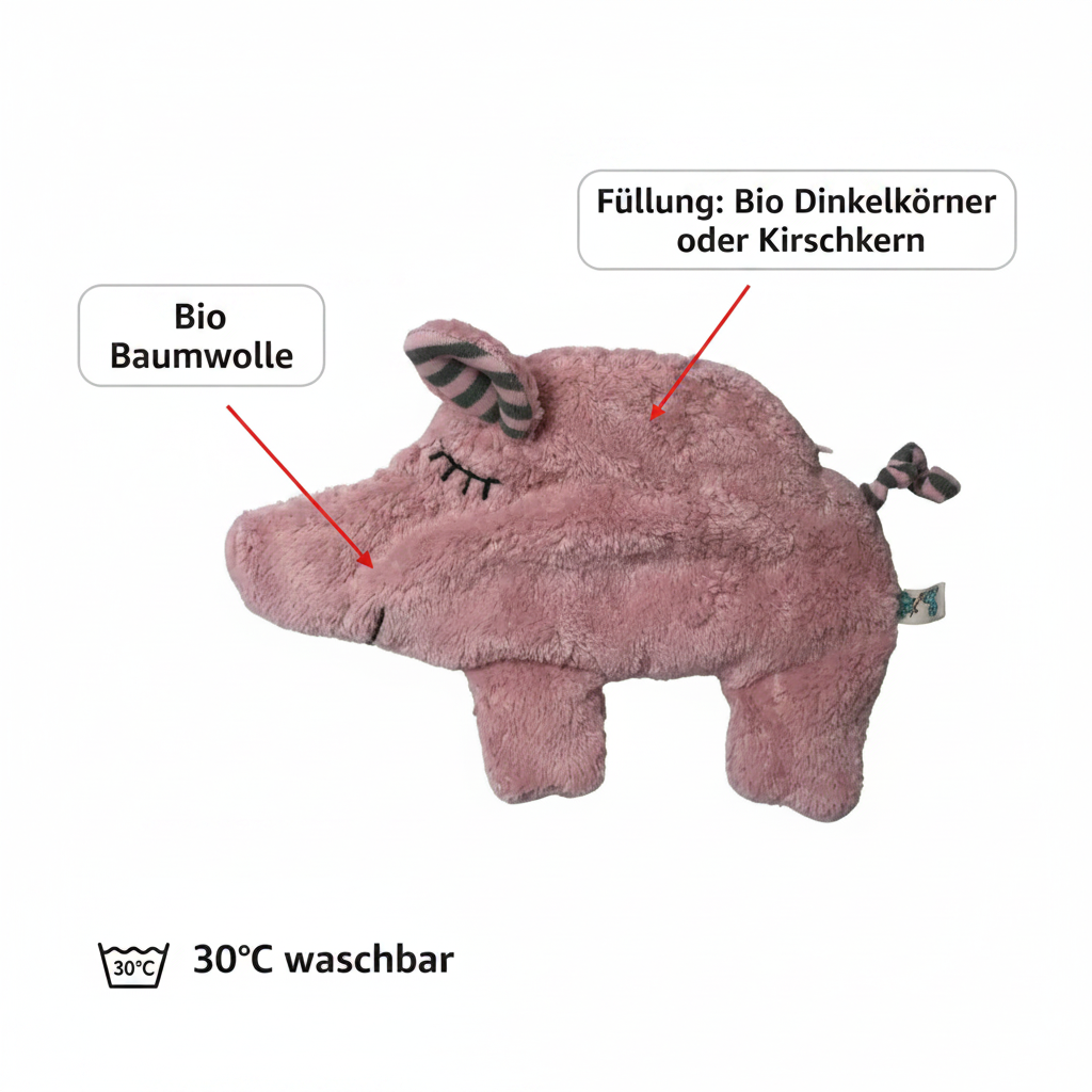 Bio Wärmekissen Schwein aus Bio Baumwollplüsch mit Dinkelkörner oder Kirschkern Inlett