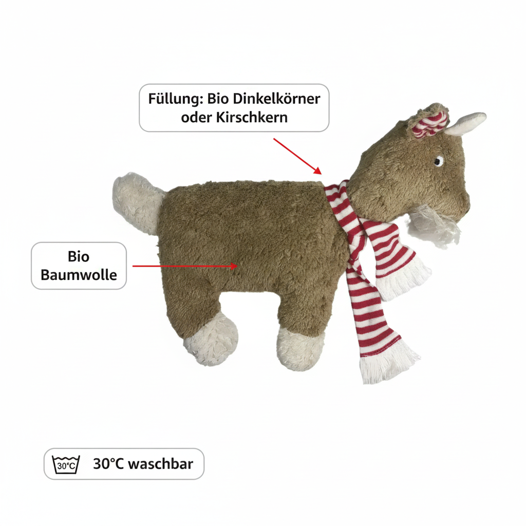 Bio Wärmekissen Ziege aus Bio Baumwollplüsch mit Bio Dinkelkörner oder Kirschkern Inlett