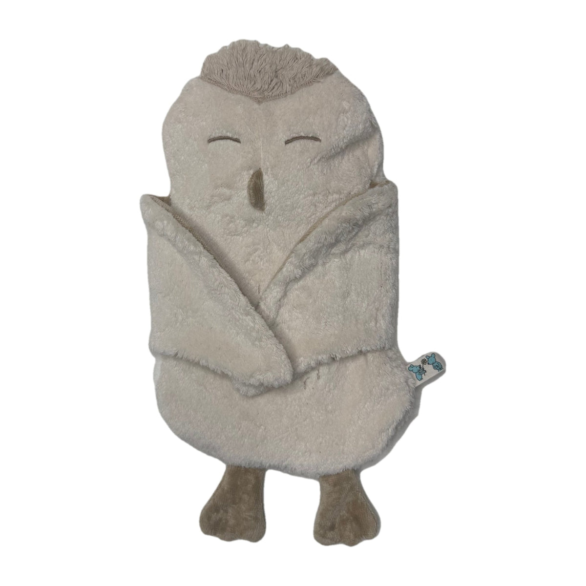 Schneeeule Wärmflaschenbezug mit eingeklappten Flügeln, Seitenansicht mit PAT & PATTY Label